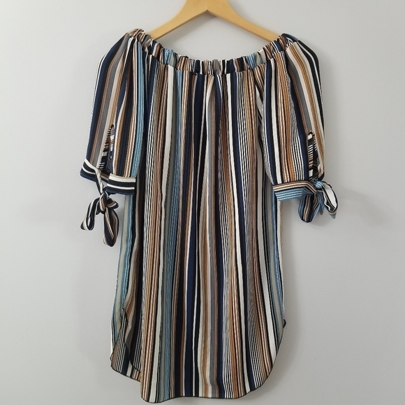 off Shoulder Bardot Shirt Tie up 3/4 Sleeves Summer Beach Dress Size S - Picture 4 of 7